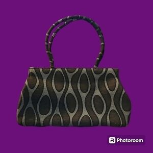VTG ANGELA ADAMS Designer Cloth Mod Kiss Closure Double Handle Carpet Bag